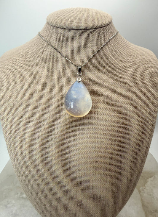 Natural Blue Moonstone Crystal Teardrop Pendant on Stainless Steel Chain Necklace