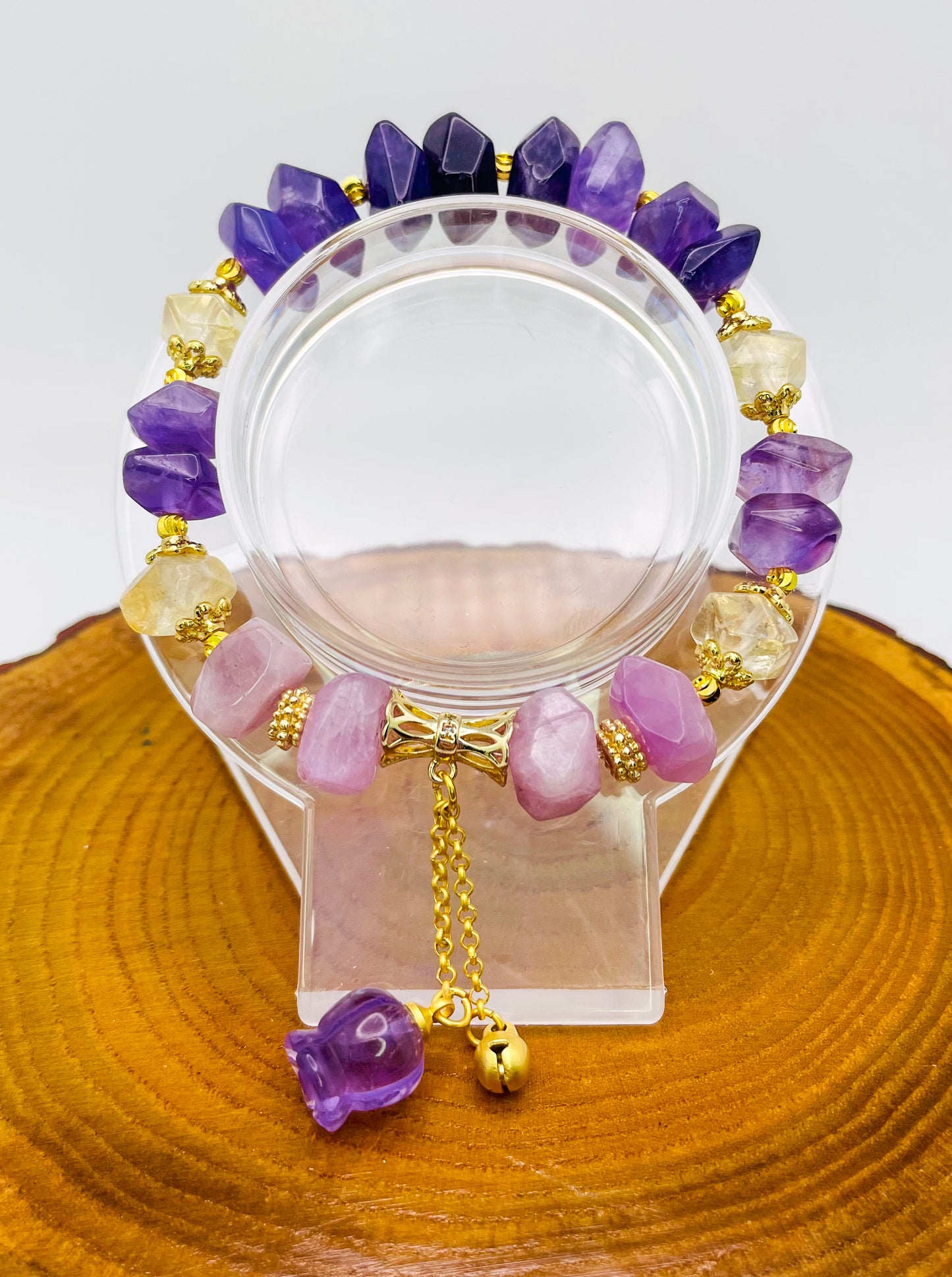 Natural Amethyst, Kunznite & Citrine Tulip Statement Bracelet