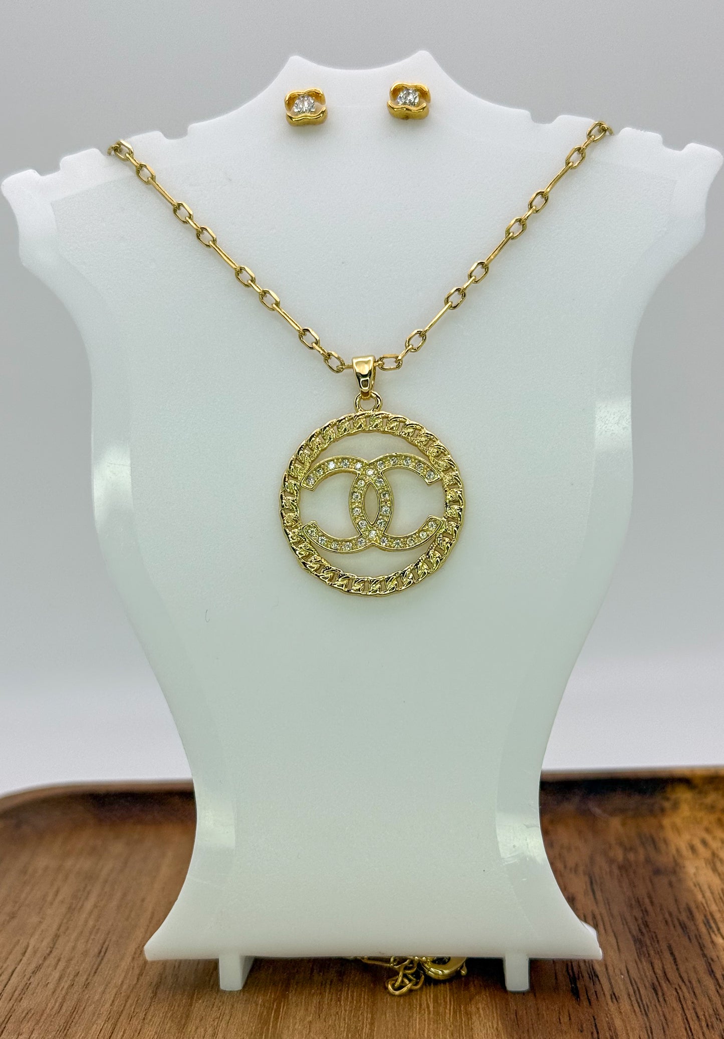 Gold CC Designer Round Pendant on 24k Gold Filled chain with Matching Gold CC Stud Earrings