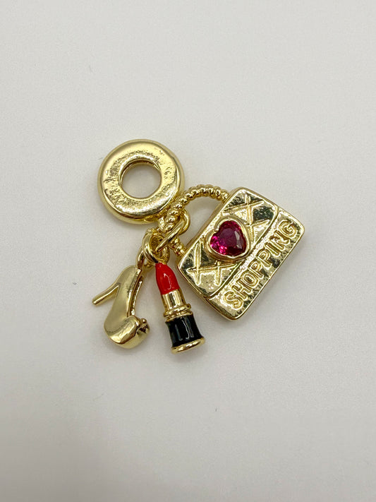 Gold Pandora Style Shopping Theme High Heel Lipstick Purse Dangling Charm Bead