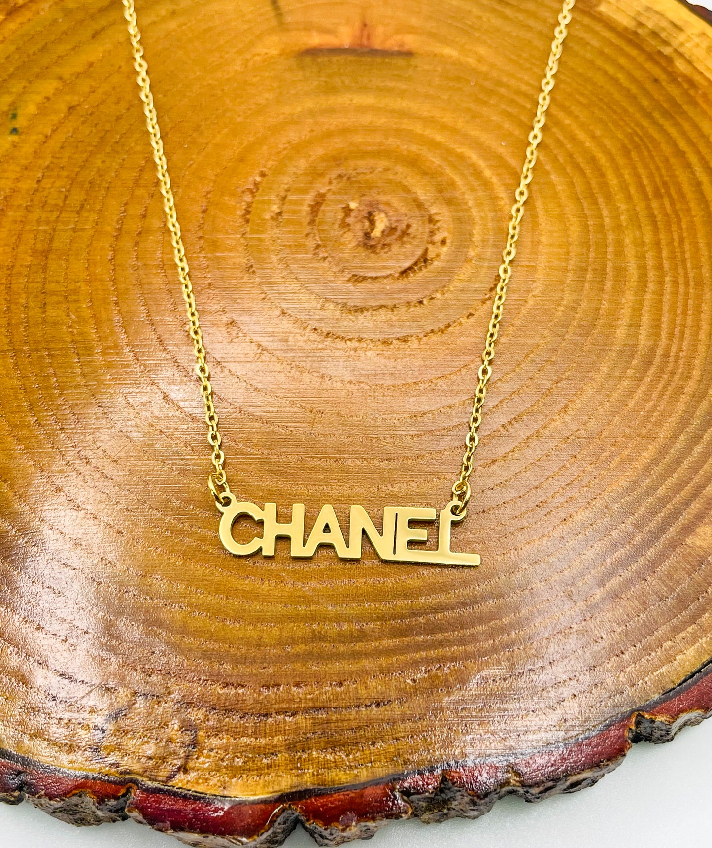 Designer CC Name Plate Gold Stainless Steel Necklace