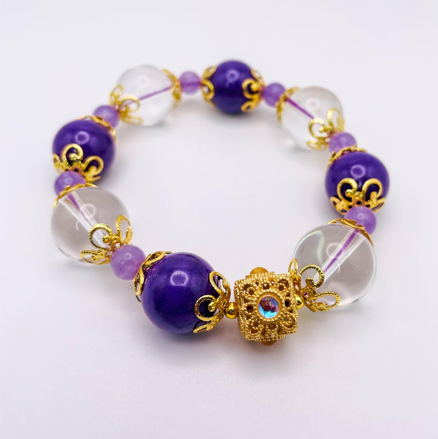 Clear Quartz & Purple Phosphosiderite Crystal Bling Bracelet