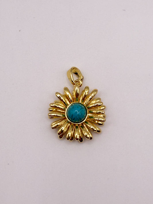 Gold Daisy with Turquoise Gem Charm Pendant