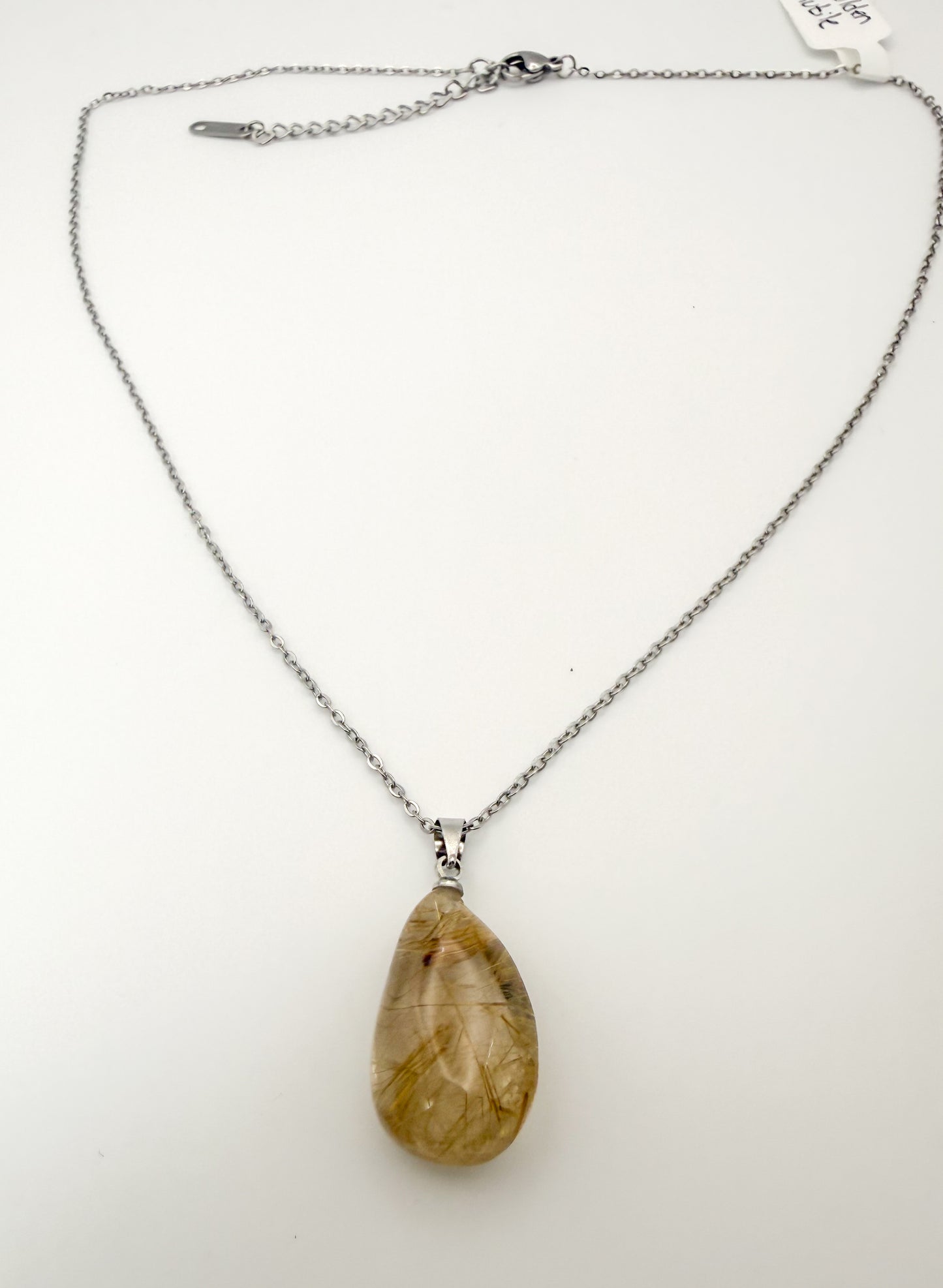 Natural Golden Rutilated Quartz Crystal Teardrop Pendant Stainless Steel Chain Necklace