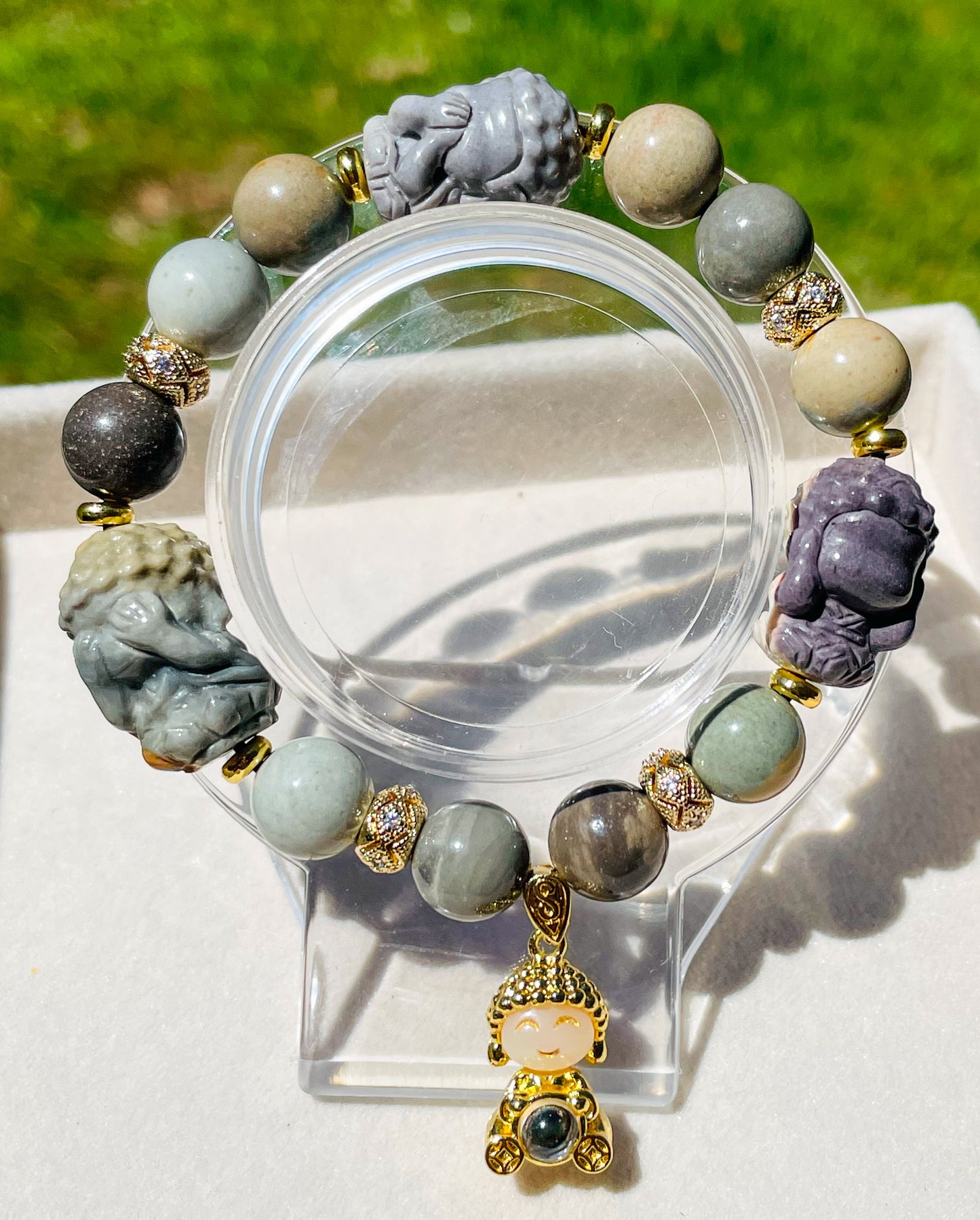 Hear, See & Speak No Evil Baby Budda Sitting on Lotus Natural Alashan Agate Crystal Carving Beaded Stretch Adjustable Bracelet