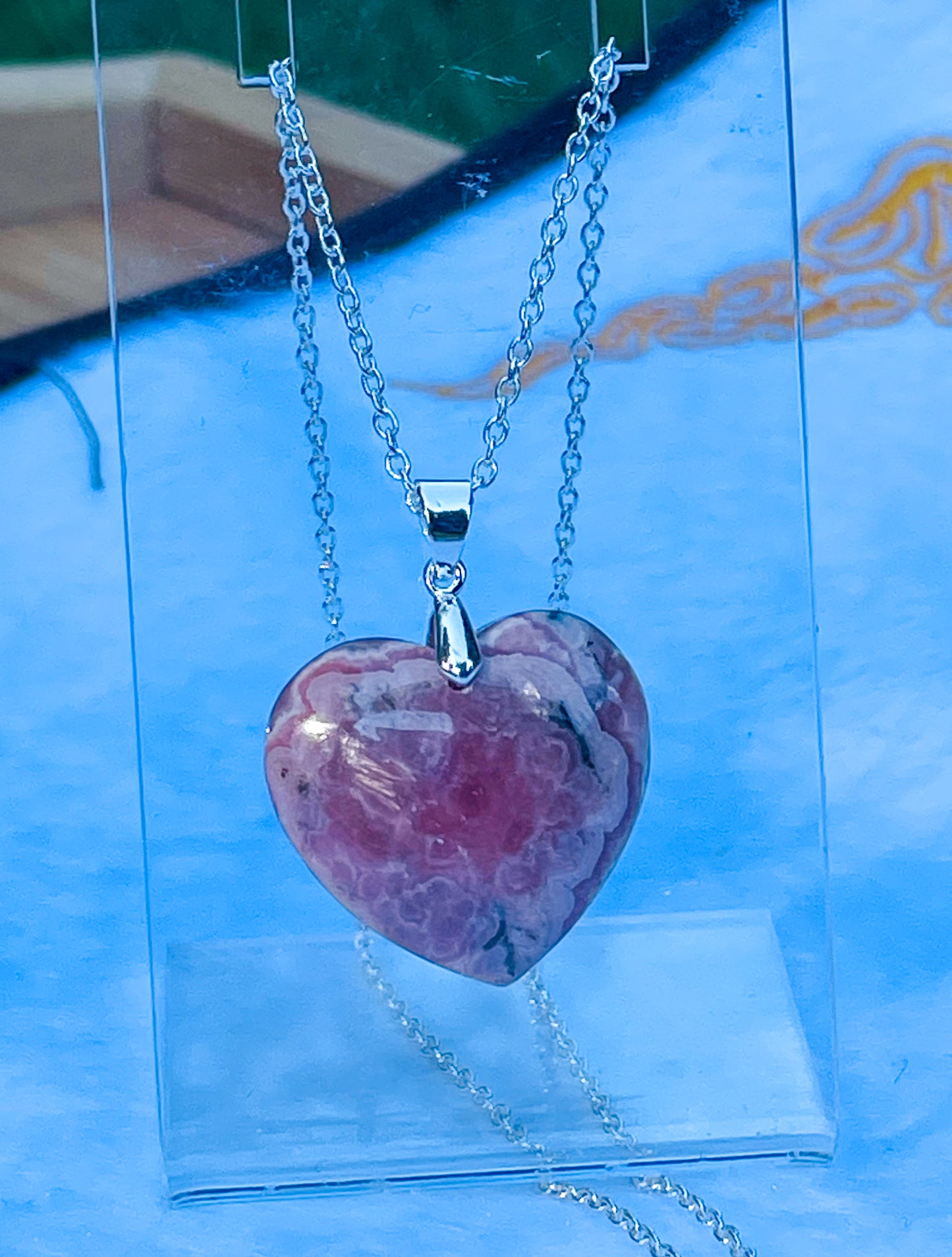 Natural Rhodochrosite Heart Crystal Pendant S925 Sterling Silver Necklace