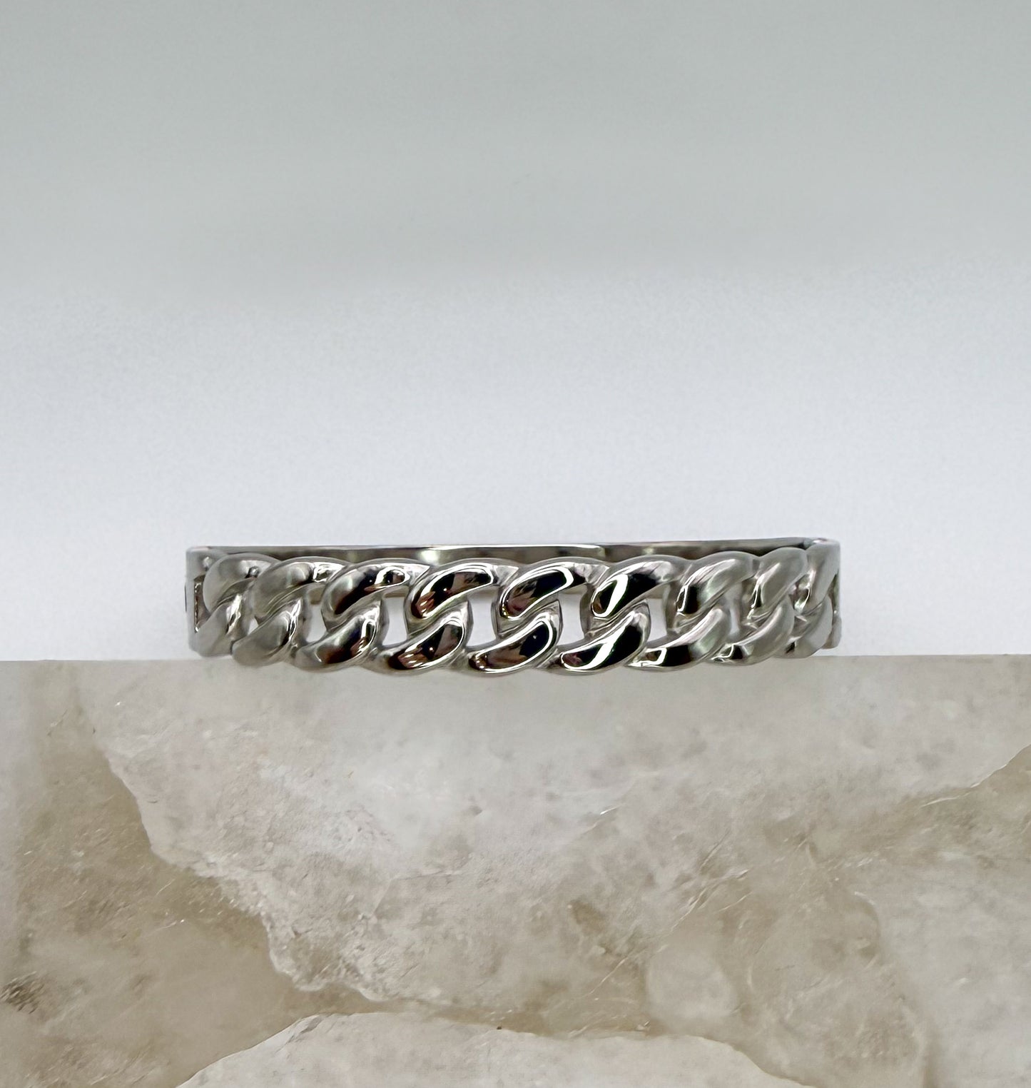 Silver Stainless Steel Cuban Chain Link Bangle Bracelet