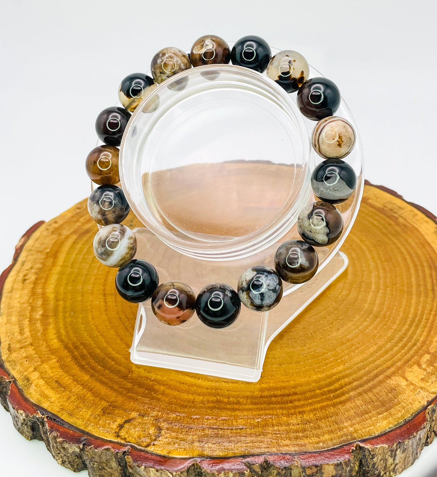 Natural Black Flower Agate Crystal Beaded Stretch Adjsutable Bracelet