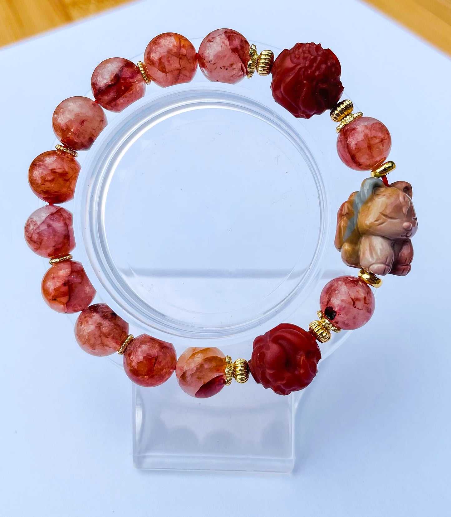 Natural Fire Quartz with Natural Alashan Agate & Red Jasper 9 Tailed Fox Crystal Carving Beaded Stretch Adjustable Bracelet