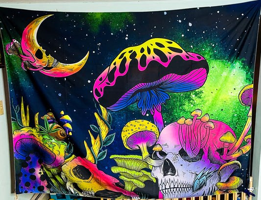 UV Blacklight Reactive Glow in the Dark Fantasy Skull Mushroom Land Tapestry