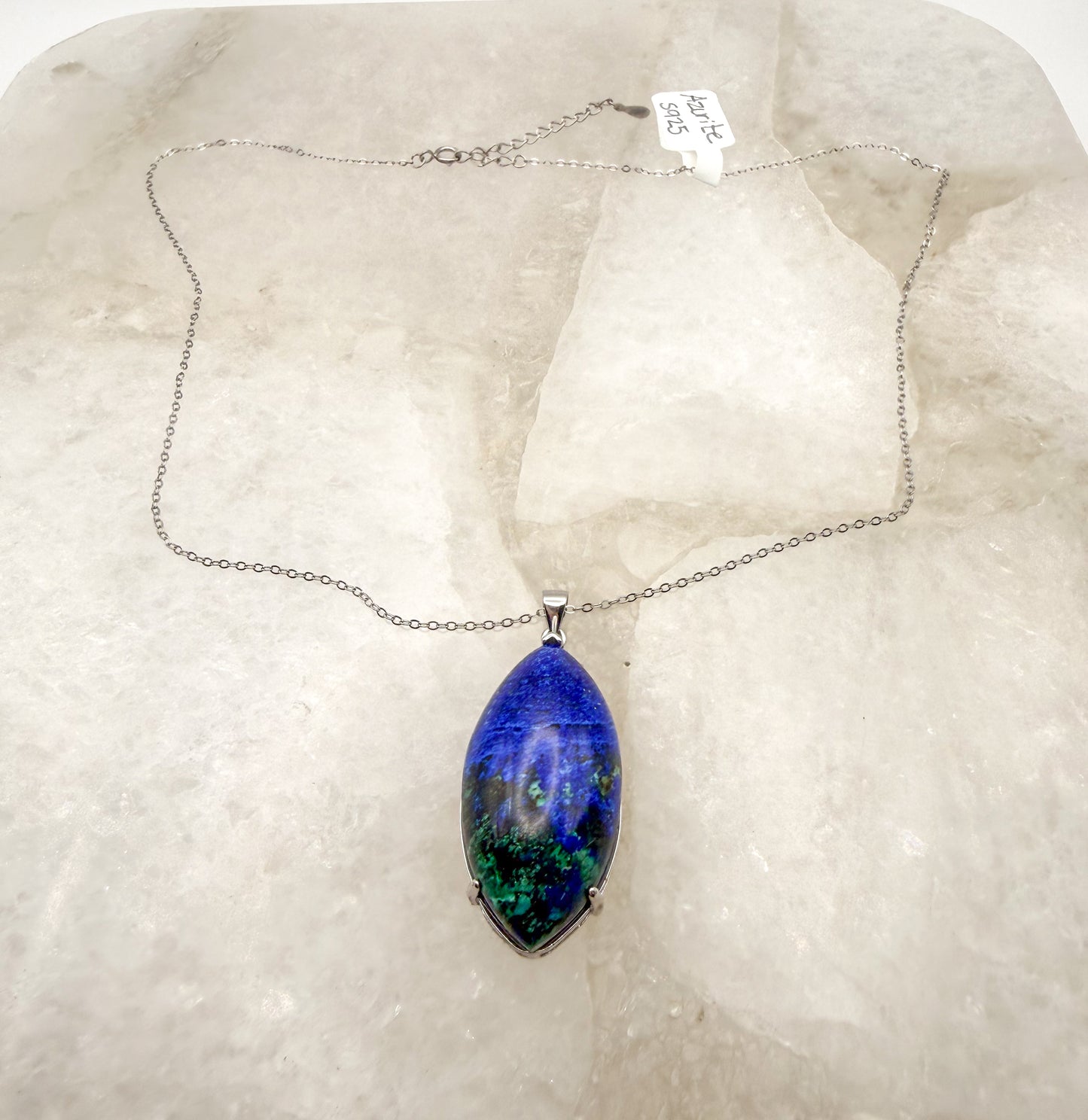 Natural Azurite Pendulum Pendant Stainless Steel Chain Necklace