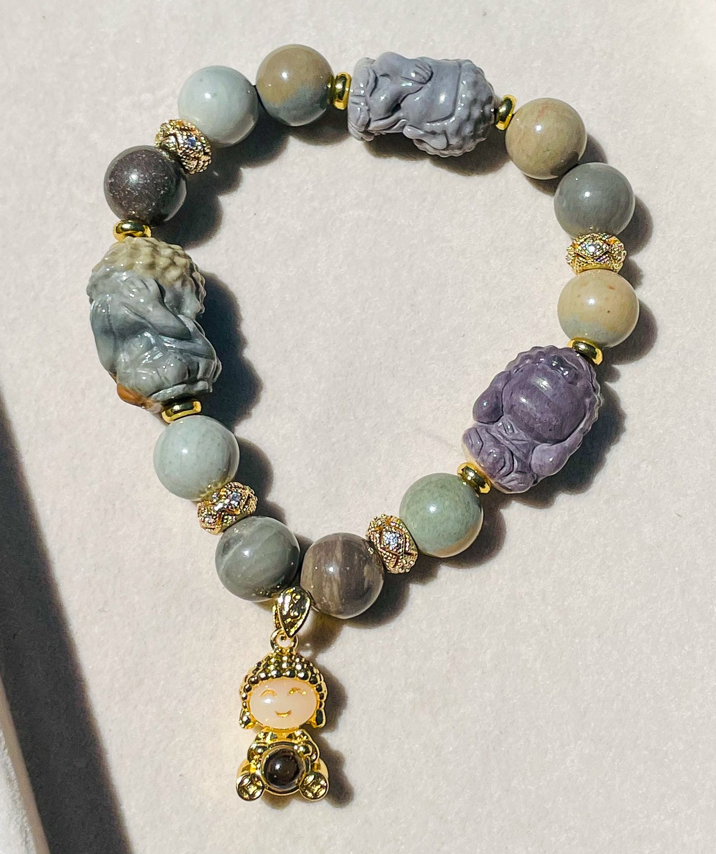 Hear, See & Speak No Evil Baby Budda Sitting on Lotus Natural Alashan Agate Crystal Carving Beaded Stretch Adjustable Bracelet