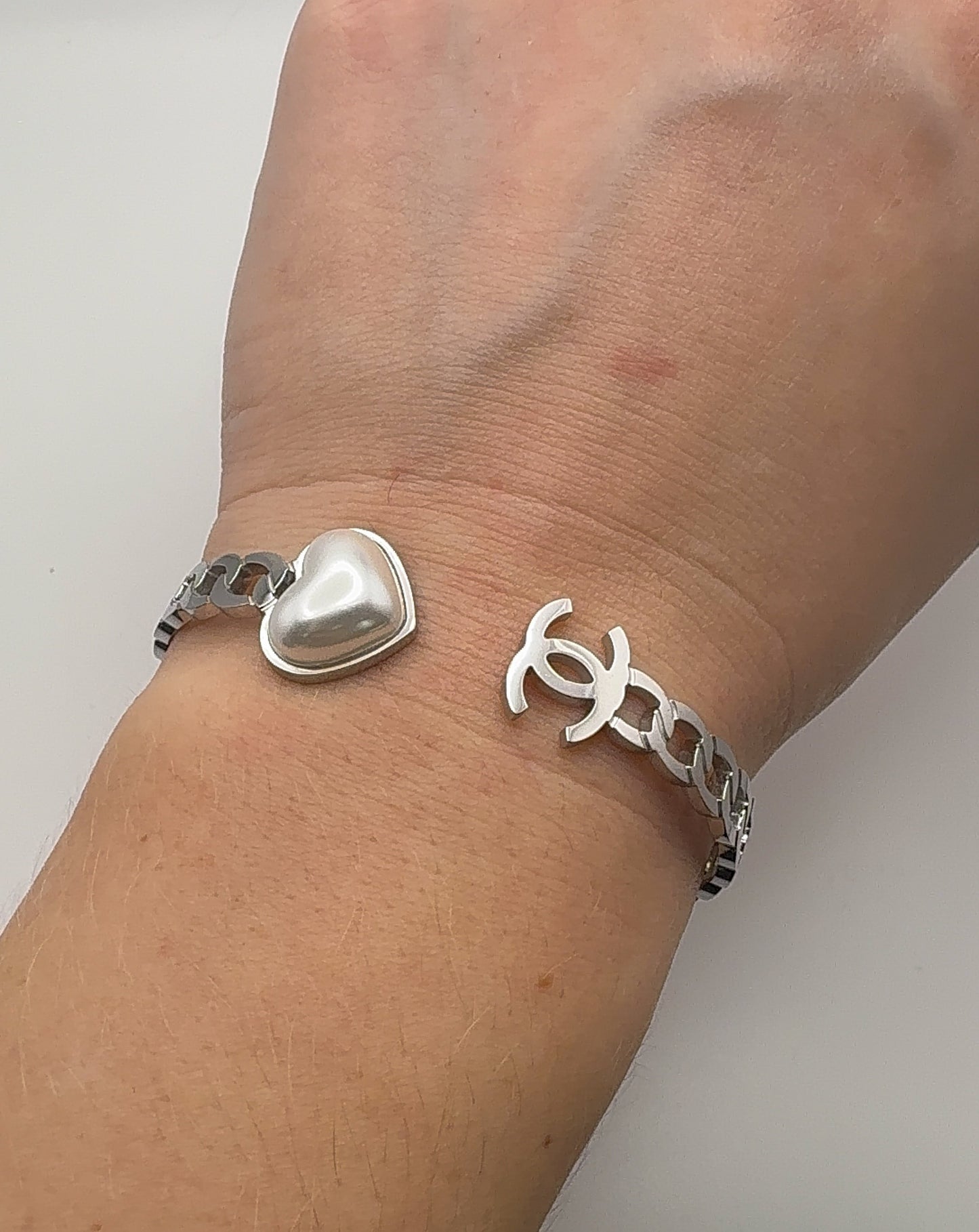Silver Open Front CC Pearl Heart Stainless Steel Bangle Bracelet