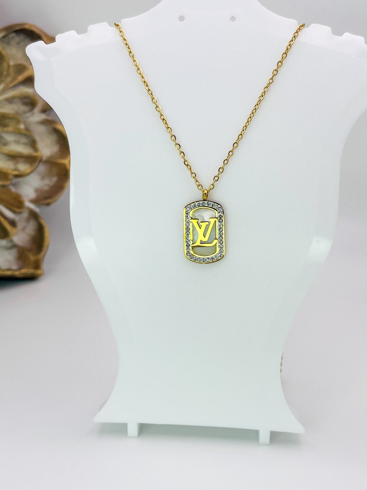 LV Mother of Pearl Rectangle Bling Pendant Stainless Steel Necklace, Gold or Silver