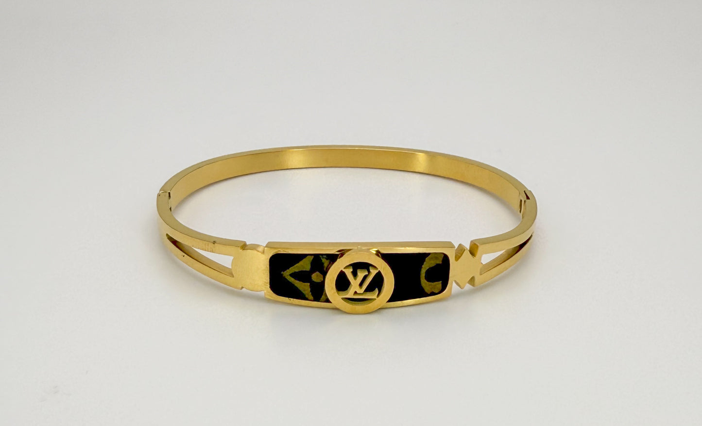 LV Gold or Silver Stainless Steel Bangle with Brand Leather