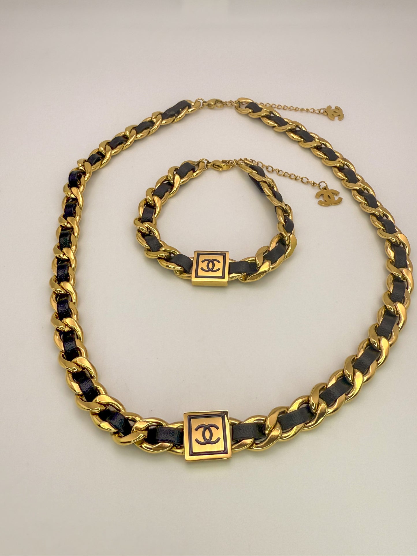 Chanel Gold & Leather Necklace Bracelet Set