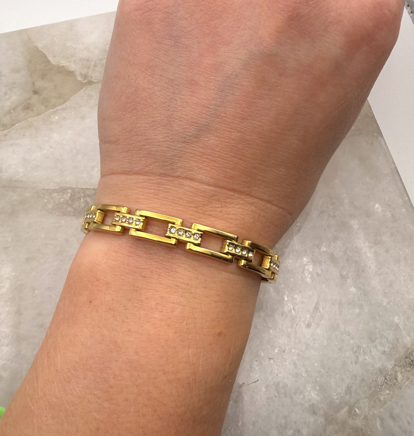 Gold Stainless Steel Bling Box Chain Link Bangle Bracelet