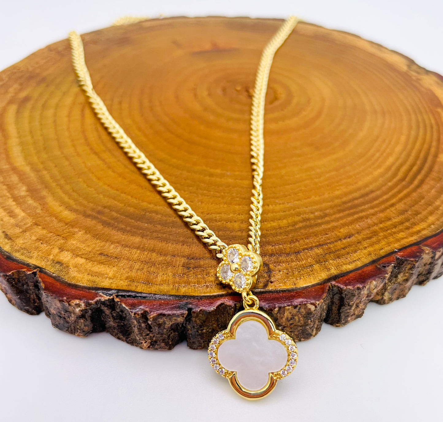 24K Gold Filled White or Red Double Lucky Clover Luxury Necklace