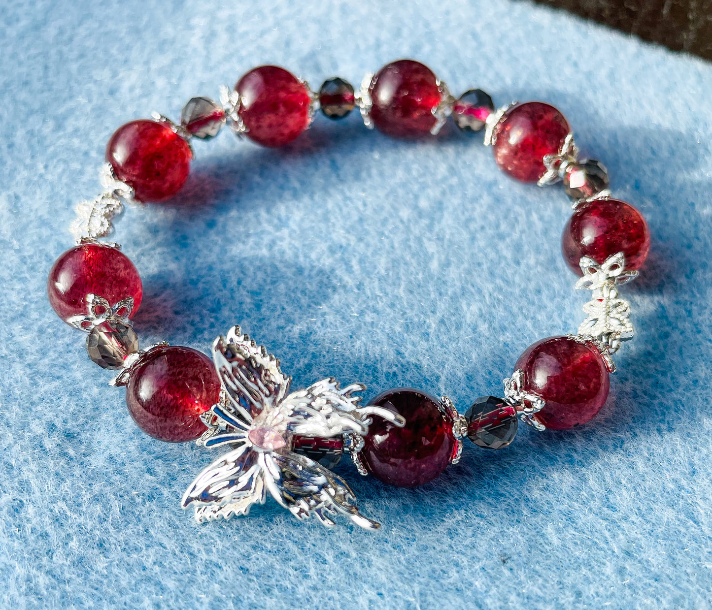 Natural Strawberry Quartz Crystal Silver Butterfly Bracelet