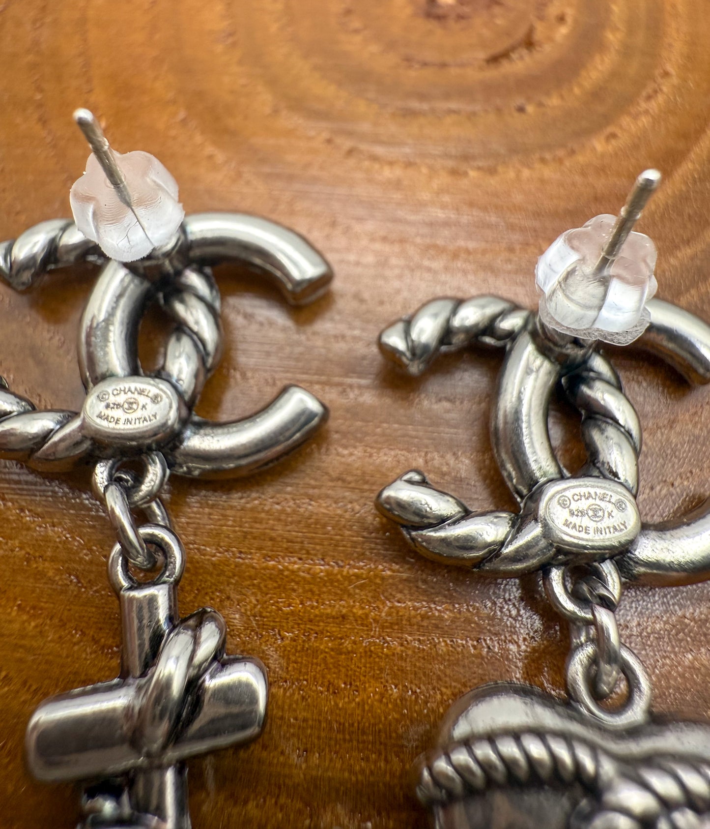 Antique Gold & Silver CC Designer Love & Anchor Stud Dangle Earrings
