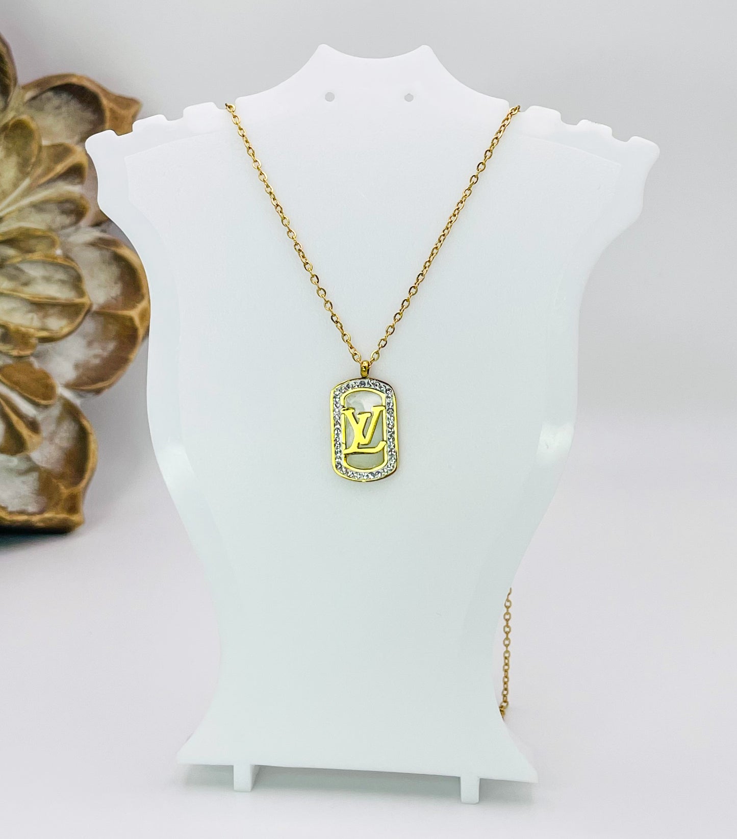 LV Mother of Pearl Rectangle Bling Pendant Stainless Steel Necklace, Gold or Silver