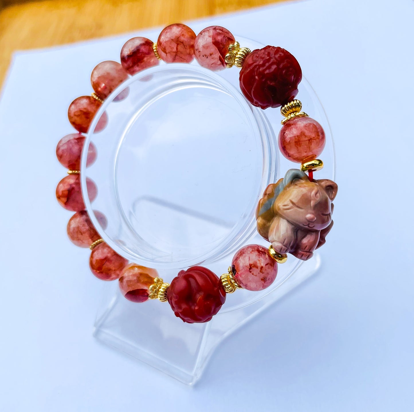 Natural Fire Quartz with Natural Alashan Agate & Red Jasper 9 Tailed Fox Crystal Carving Beaded Stretch Adjustable Bracelet