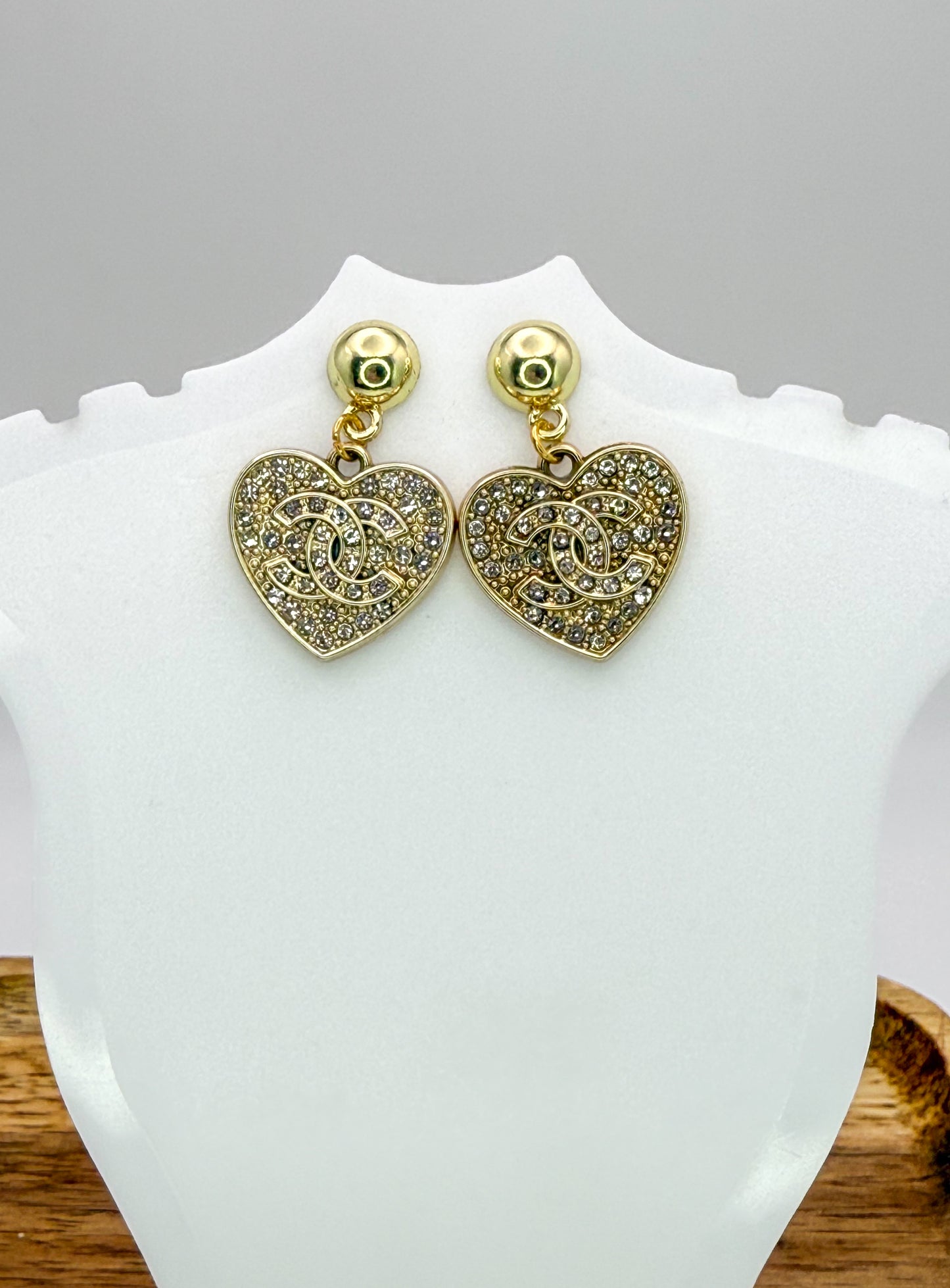Sparkling CC Gold Heart Dangle Stud Earrings