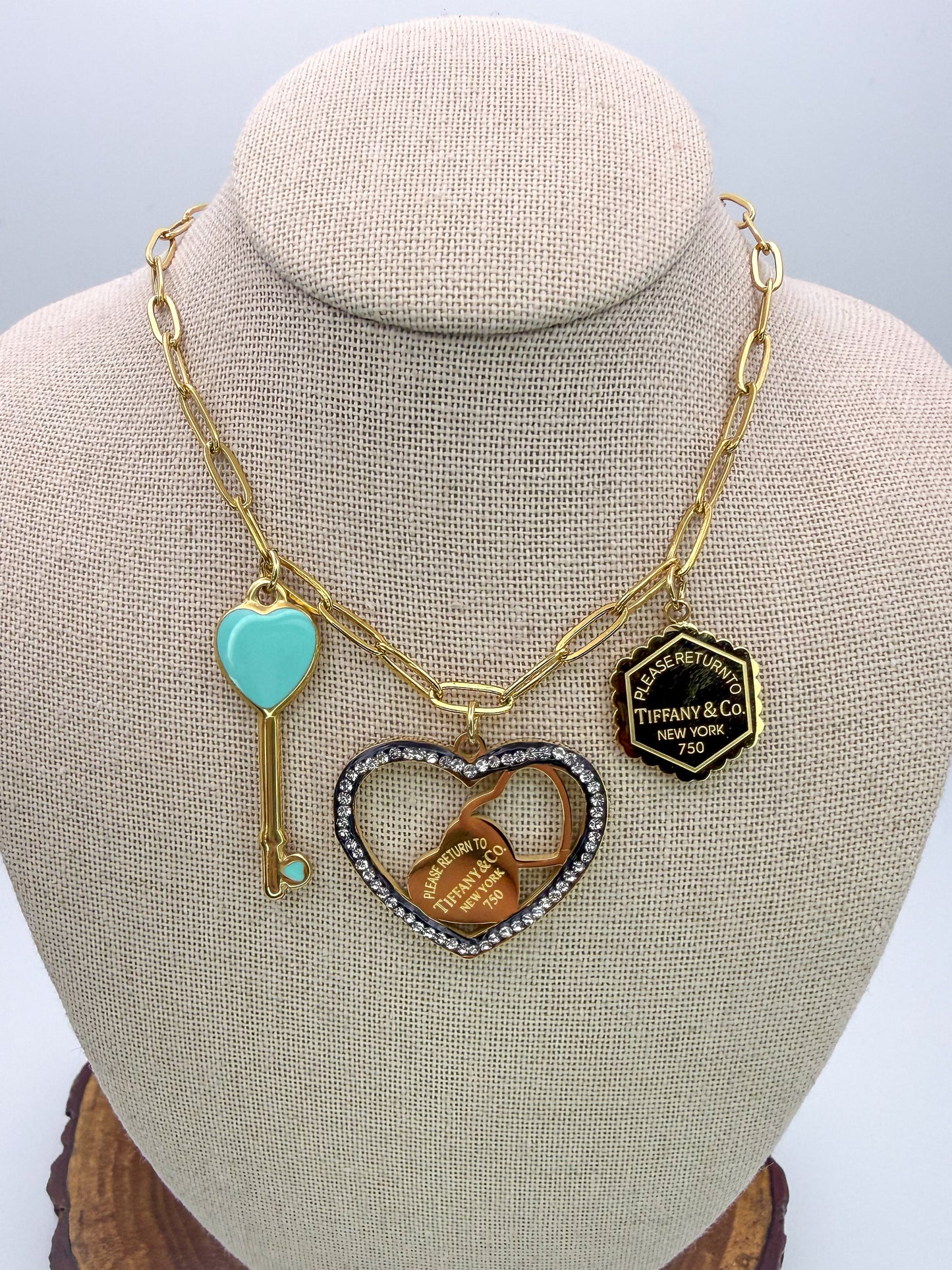 Gold Stainless Steel T&Co. Charm Necklace & Stud Earrings Jewelry Set