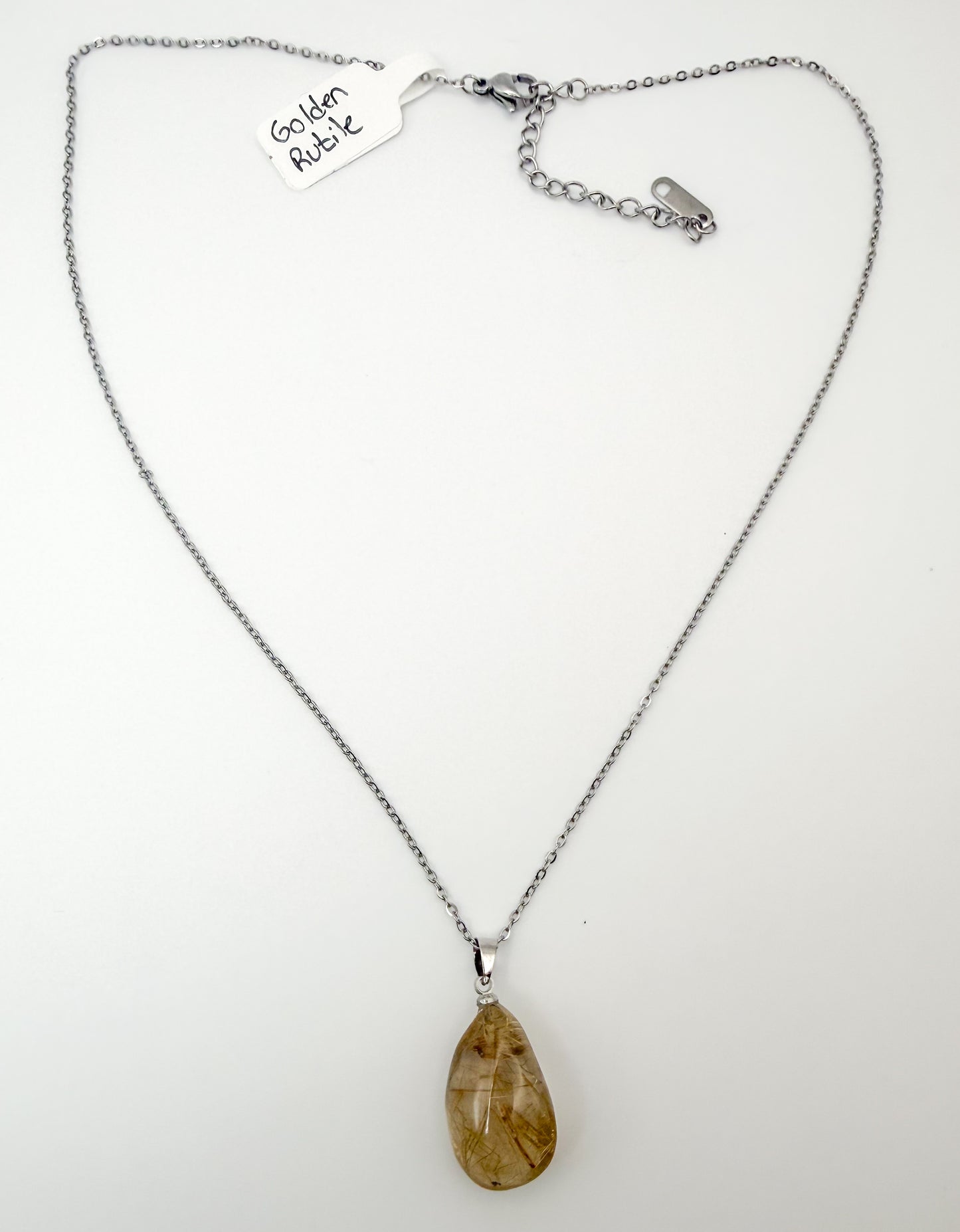 Natural Golden Rutilated Quartz Crystal Teardrop Pendant Stainless Steel Chain Necklace