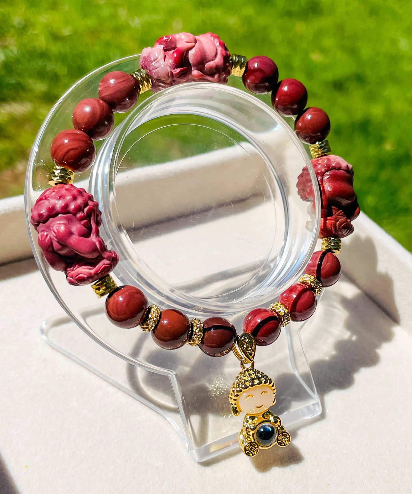 Hear, See & Speak No Evil Baby Budda Sitting on Lotus Natural Alashan Agate Crystal Carving Beaded Stretch Adjustable Bracelet