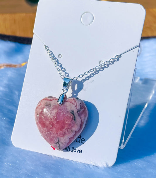 Natural Rhodochrosite Heart Crystal Pendant S925 Sterling Silver Necklace