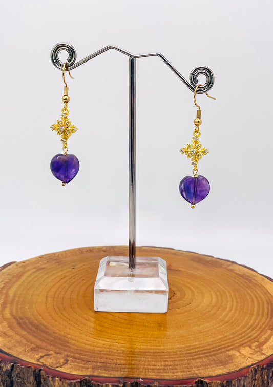 Natural Amethyst Faceted Heart Gold Earrings