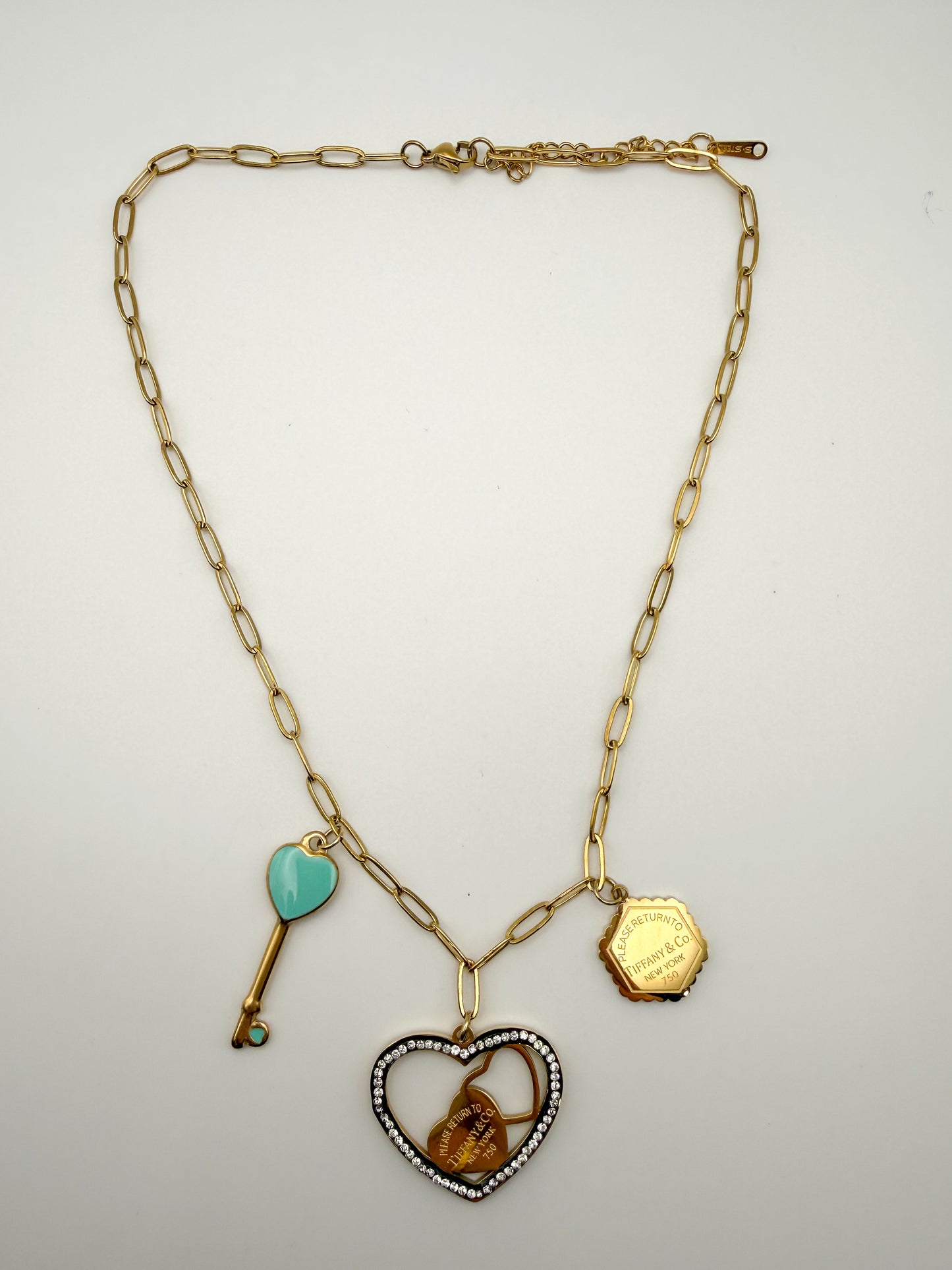 Gold Stainless Steel T&Co. Charm Necklace & Stud Earrings Jewelry Set