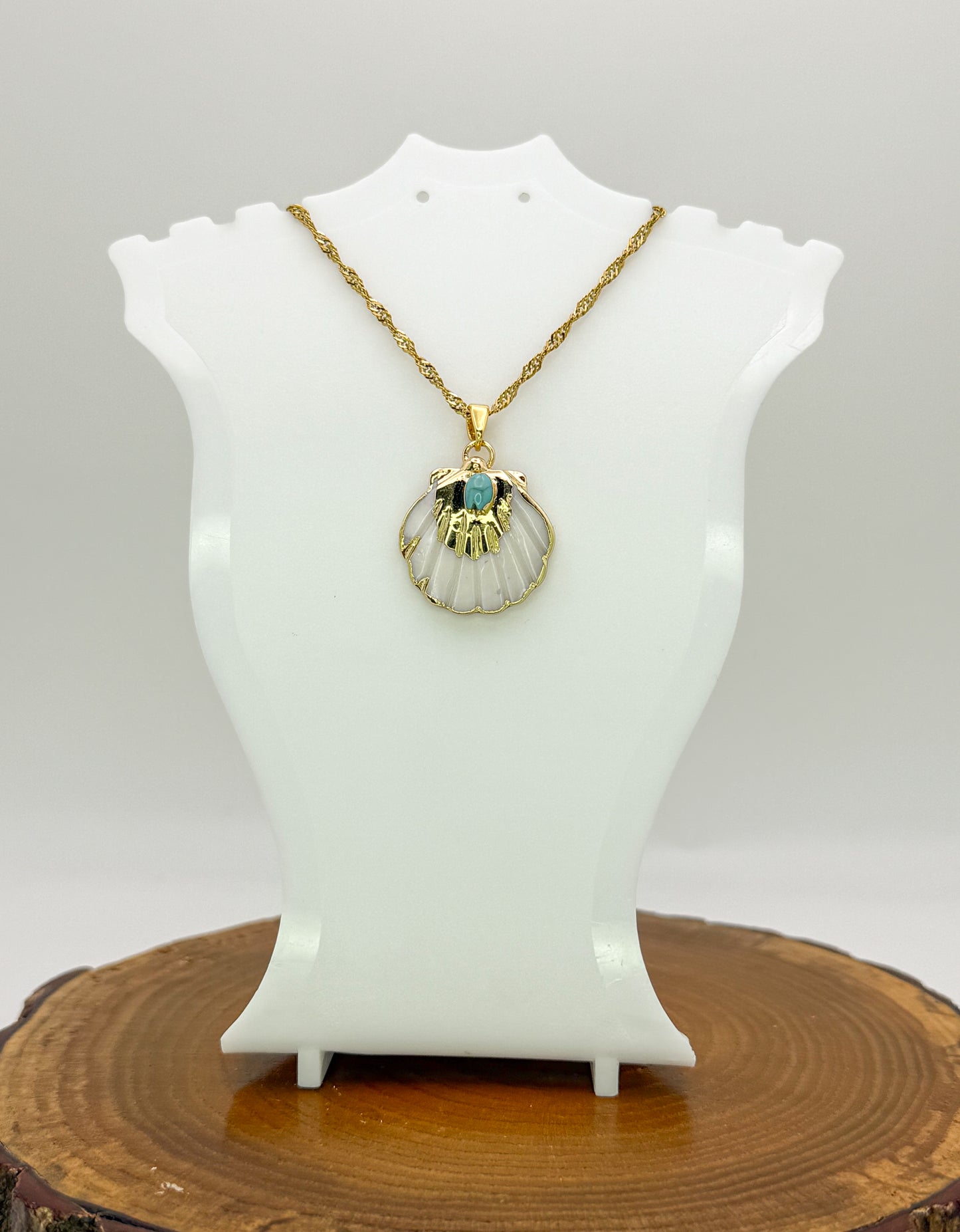 Nature’s Beauty Necklace-Natural Shell with Natural Turquoise Gemstone, Gold Stainless Steel Pendant Necklace