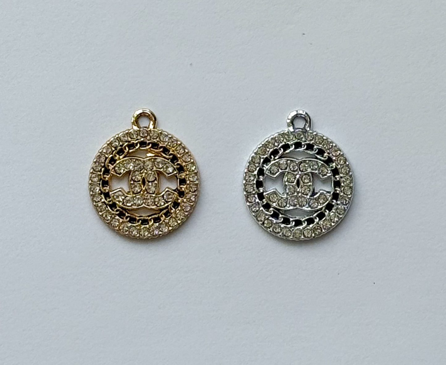 Zircon Covered CC Designer Round Silver or Gold DIY Charms
