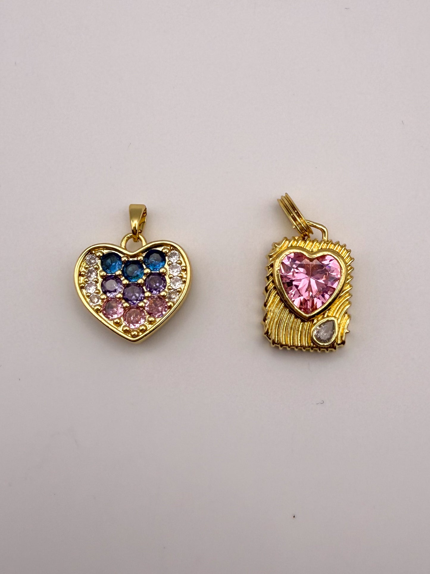 Gold Colorful Zircon Heart & Pink Zircon Heart Charm Pendant