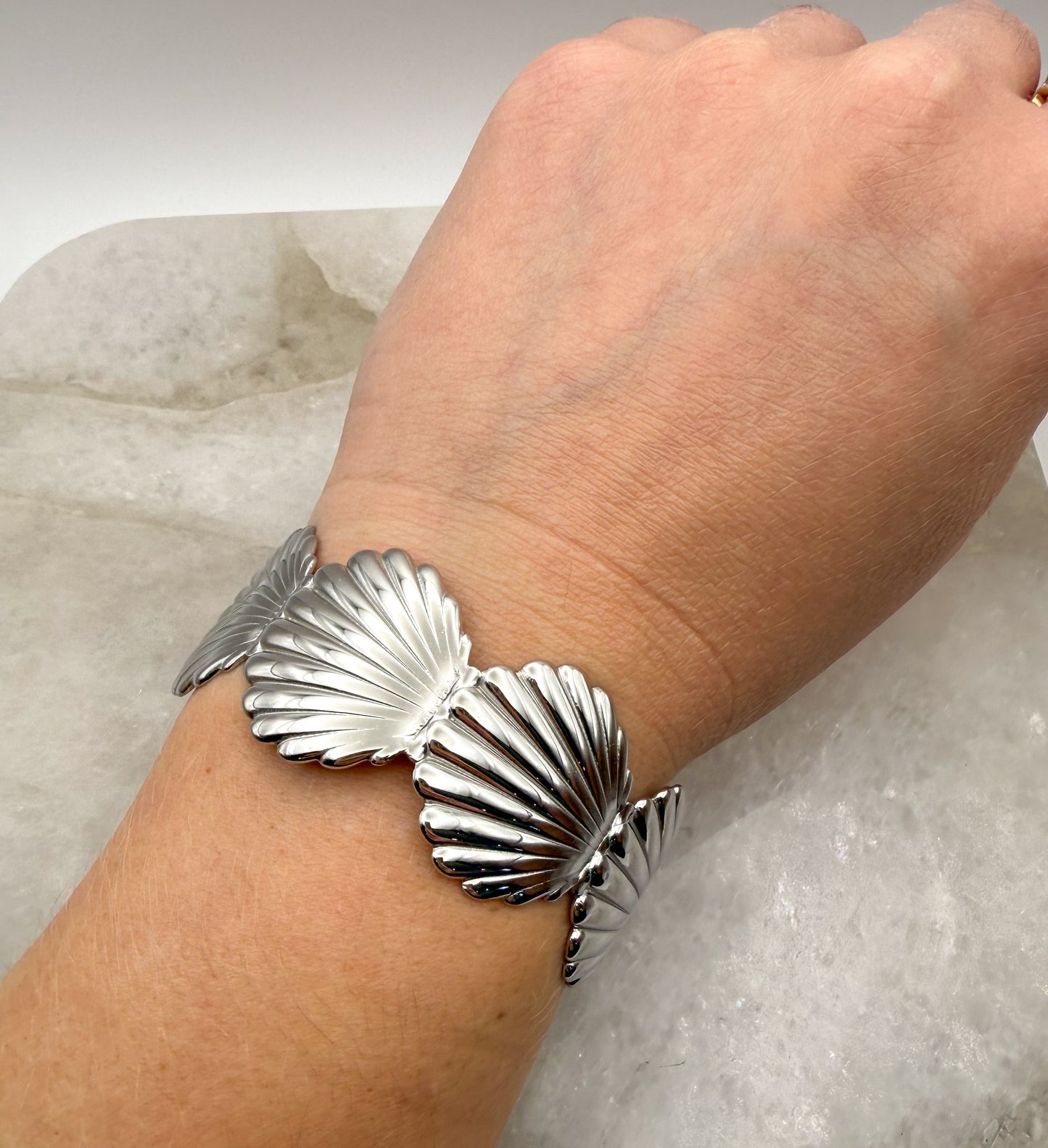 Scallop SeaShell Stainless Steel Gold or Silver Plated Open Back Adjustable Cuff Bangle Bracelet
