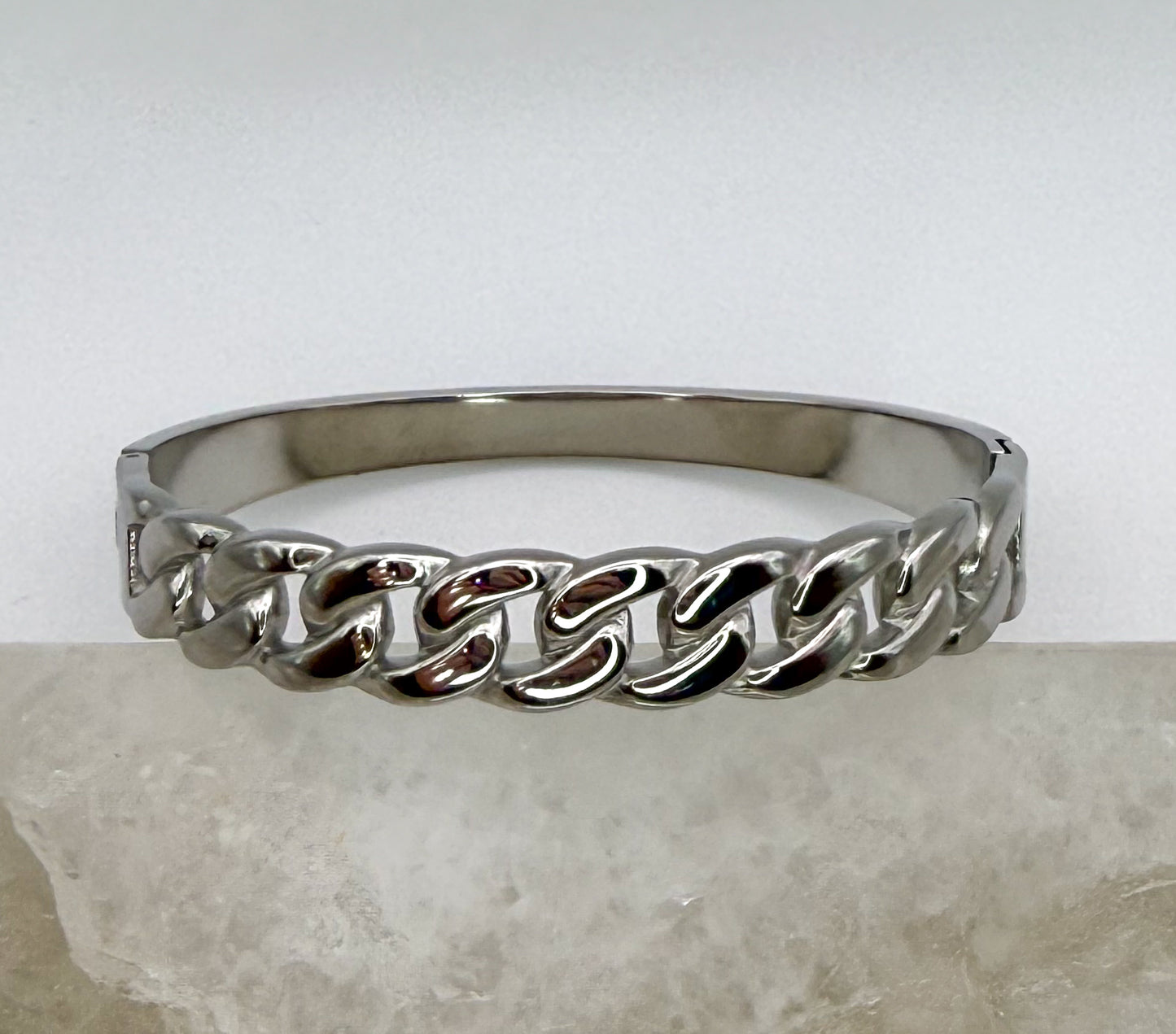 Silver Stainless Steel Cuban Chain Link Bangle Bracelet