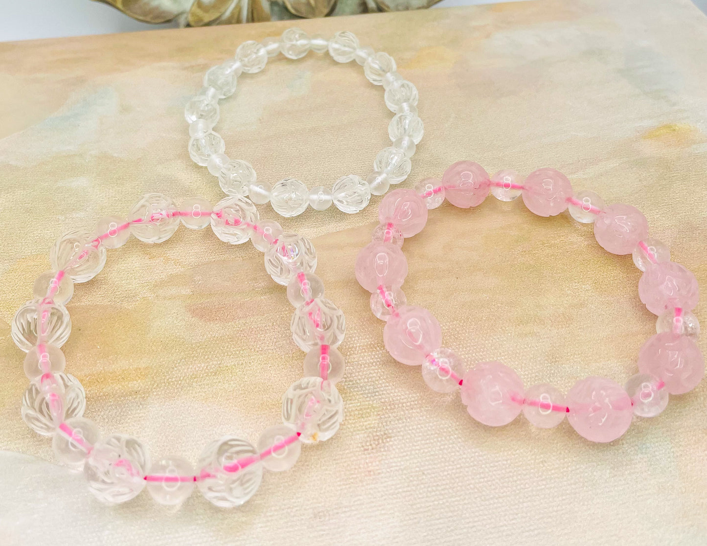 Lotus Craved Natural Crystal Beaded Bracelets- Clear Quartz, Rose Quartz