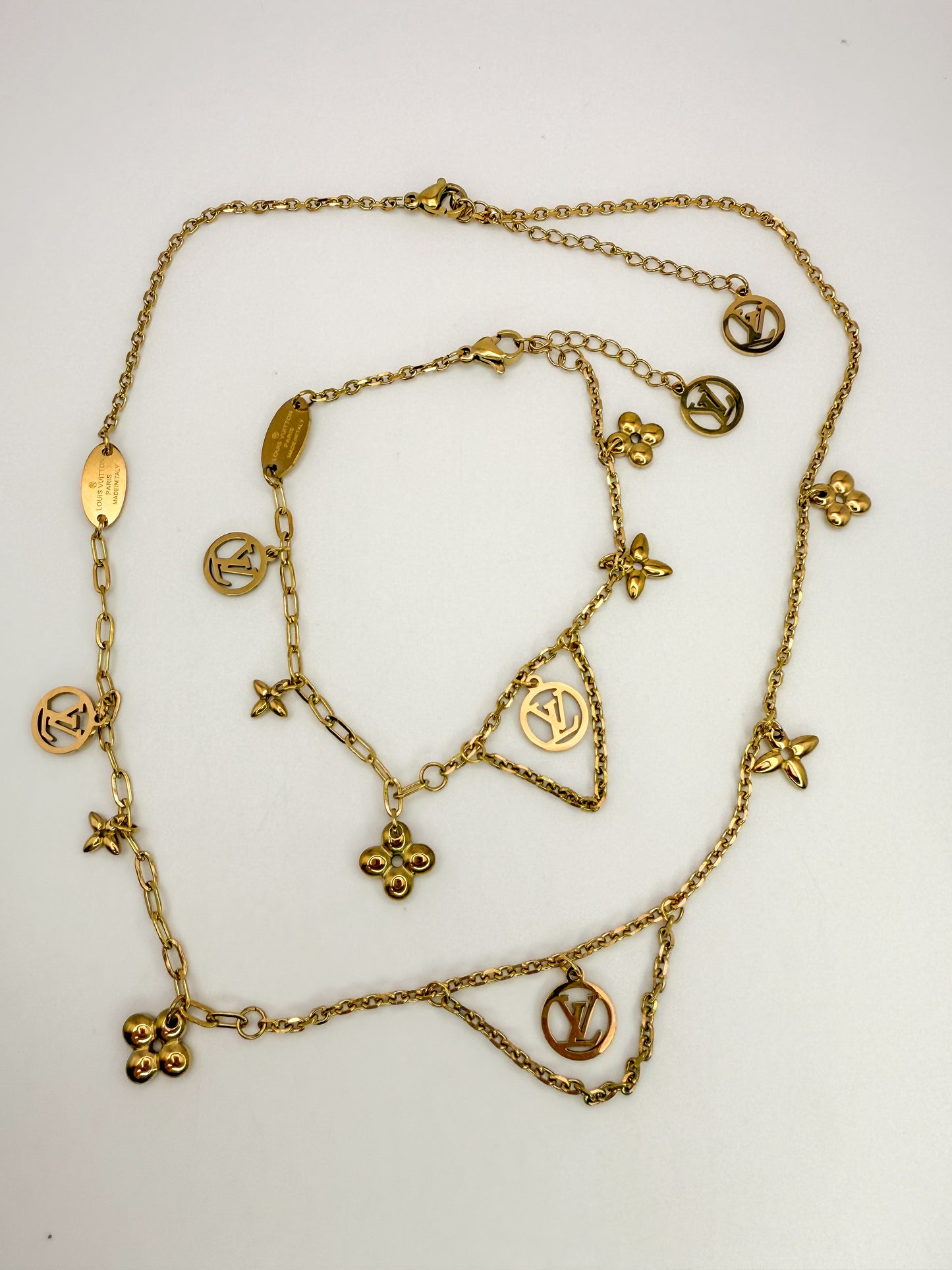 Matching LV Designer Logo Gold Stainless Steel Necklace & Bracelet Set