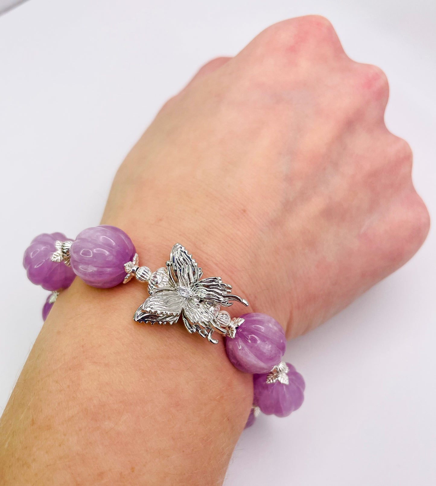 Natural Kunzite Pumpkin Craving Crystal Bracelet with Silver Double Butterfly Charm