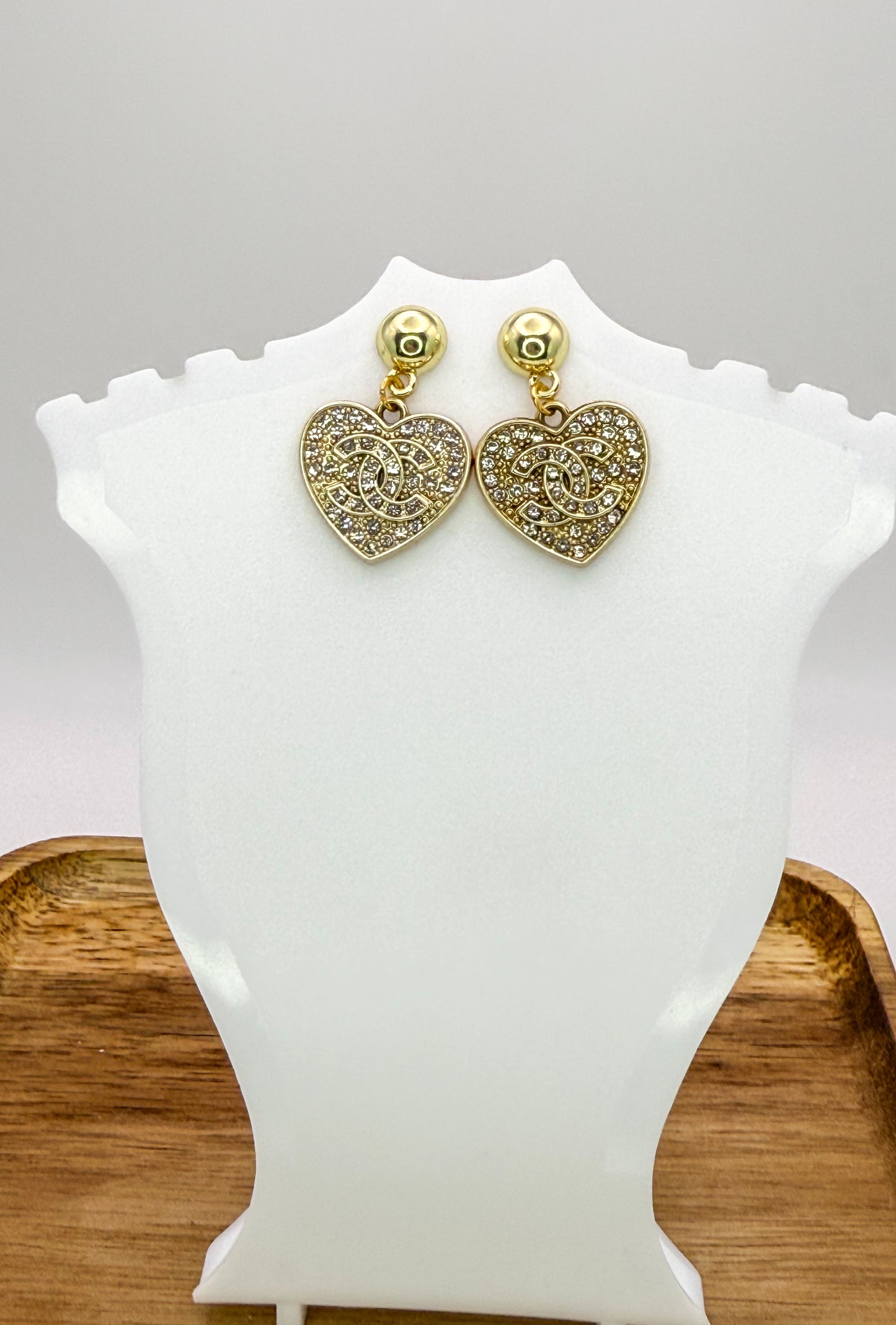 Sparkling CC Gold Heart Dangle Stud Earrings