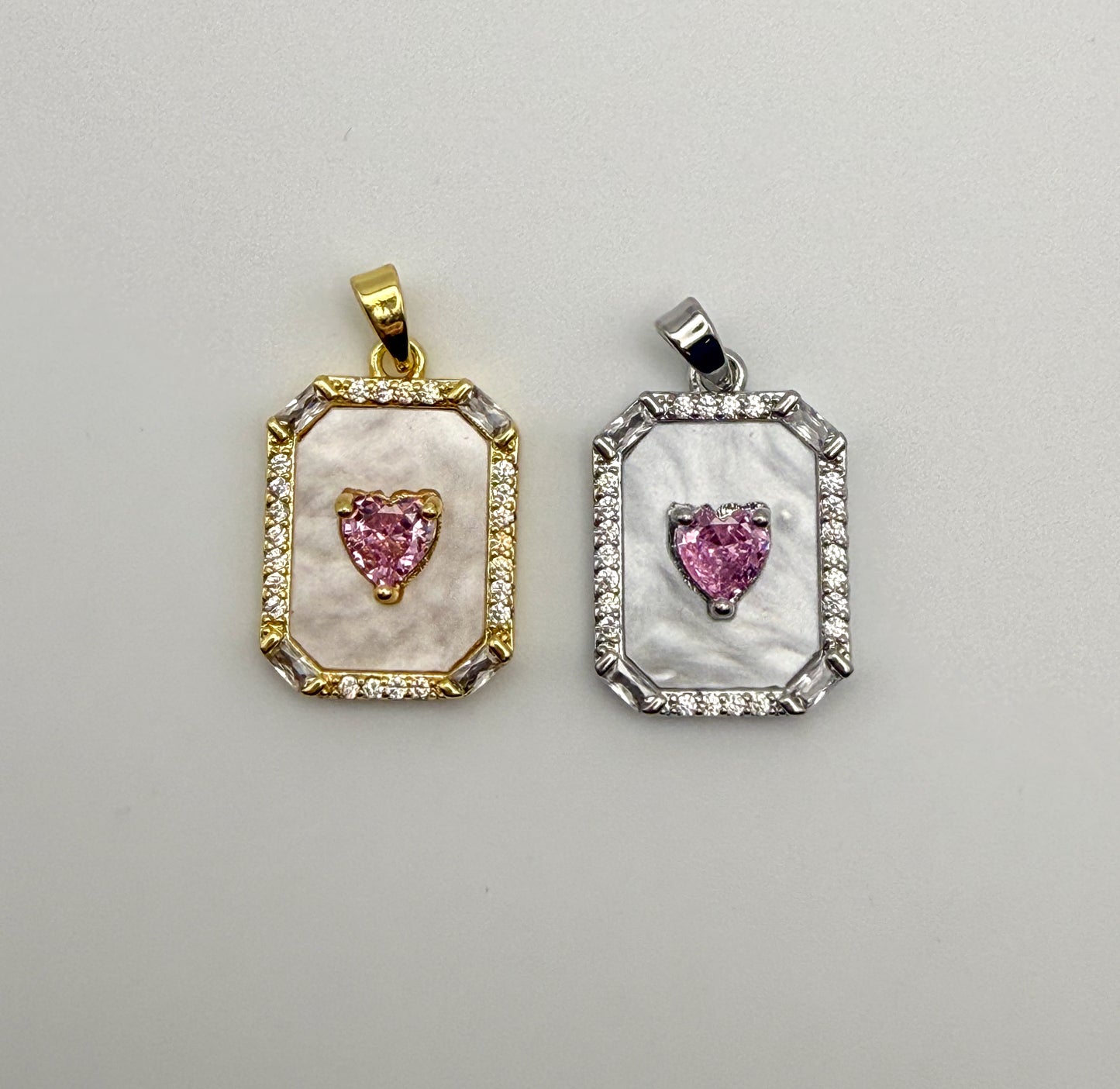 Mother of Pearl Shell with Pink CZ Heart Gold & Silver Pendant