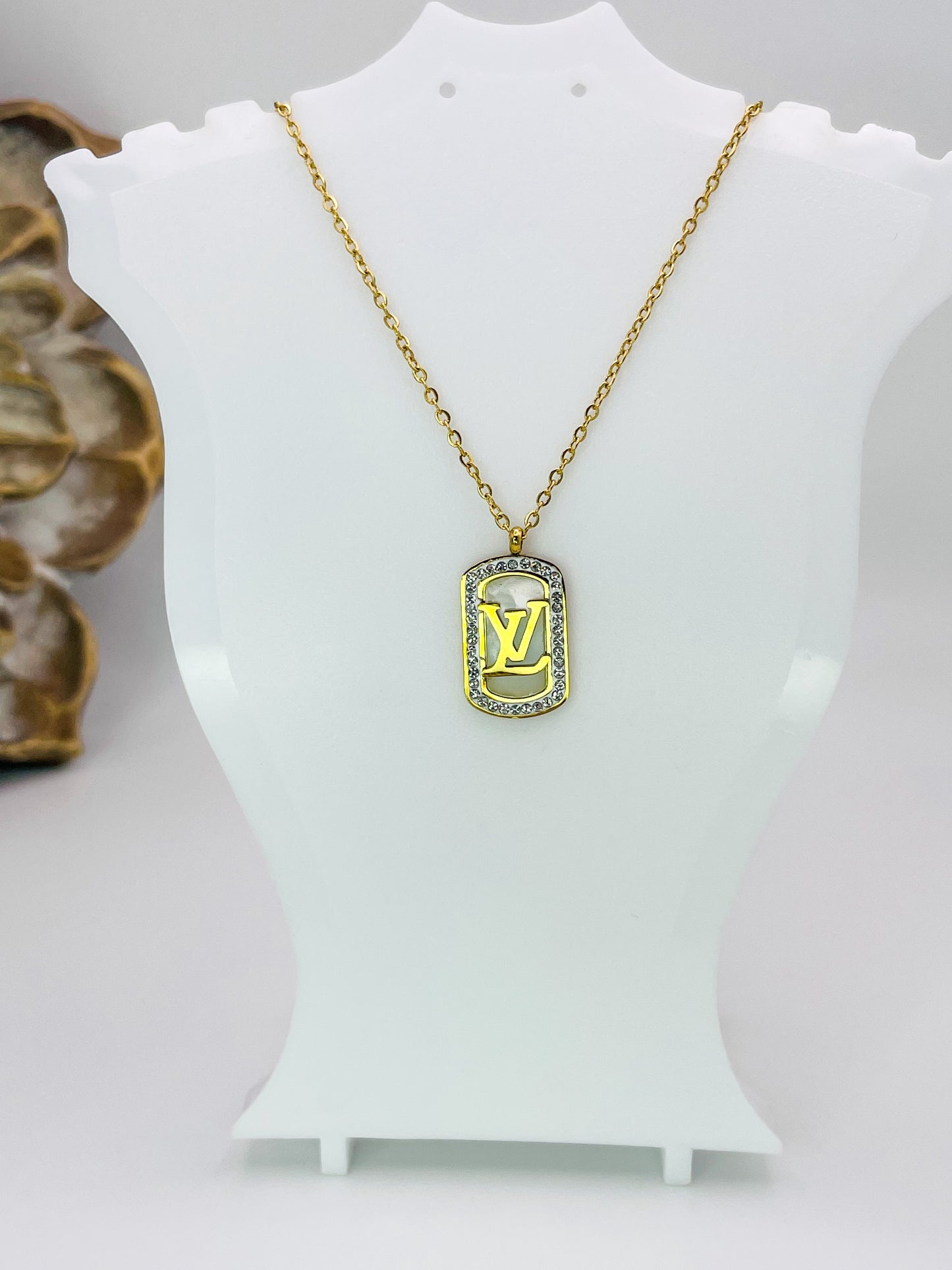 LV Mother of Pearl Rectangle Bling Pendant Stainless Steel Necklace, Gold or Silver