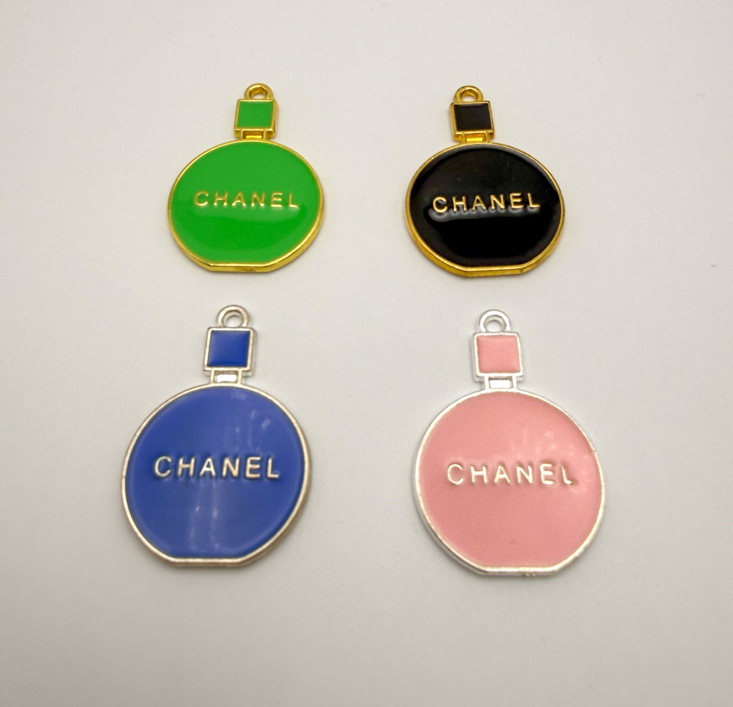 Chanel Perfume Bottle Silver & Gold Enamel Charm Pendants