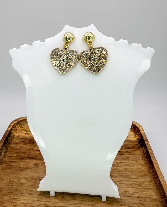 Sparkling CC Gold Heart Dangle Stud Earrings