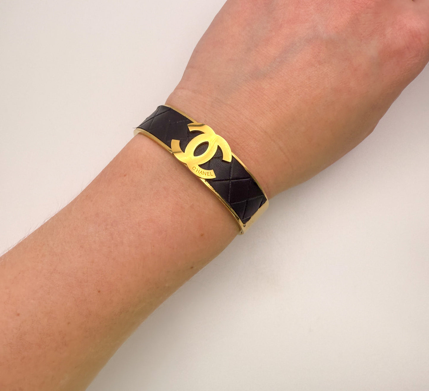 Thick Gold CC Bangle Bracelet with  Leather Wrap