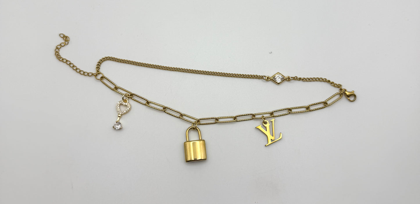 Gold LV Lock n Key Charm Adjustable Bracelet