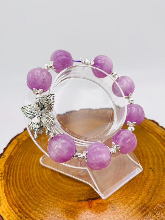 Natural Kunzite Pumpkin Craving Crystal Bracelet with Silver Double Butterfly Charm