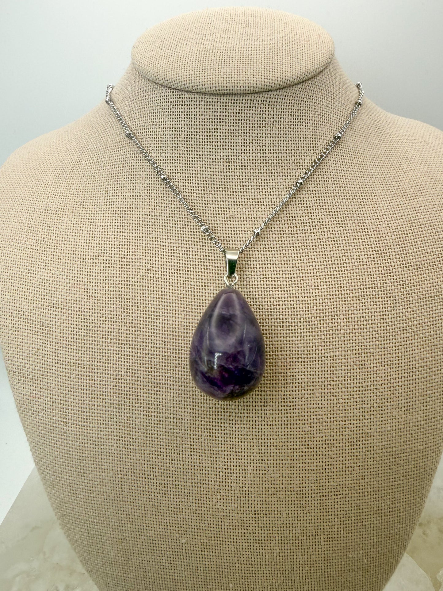 Natural Amethyst Teardrop Pendant Stainless Steel Chain Necklace